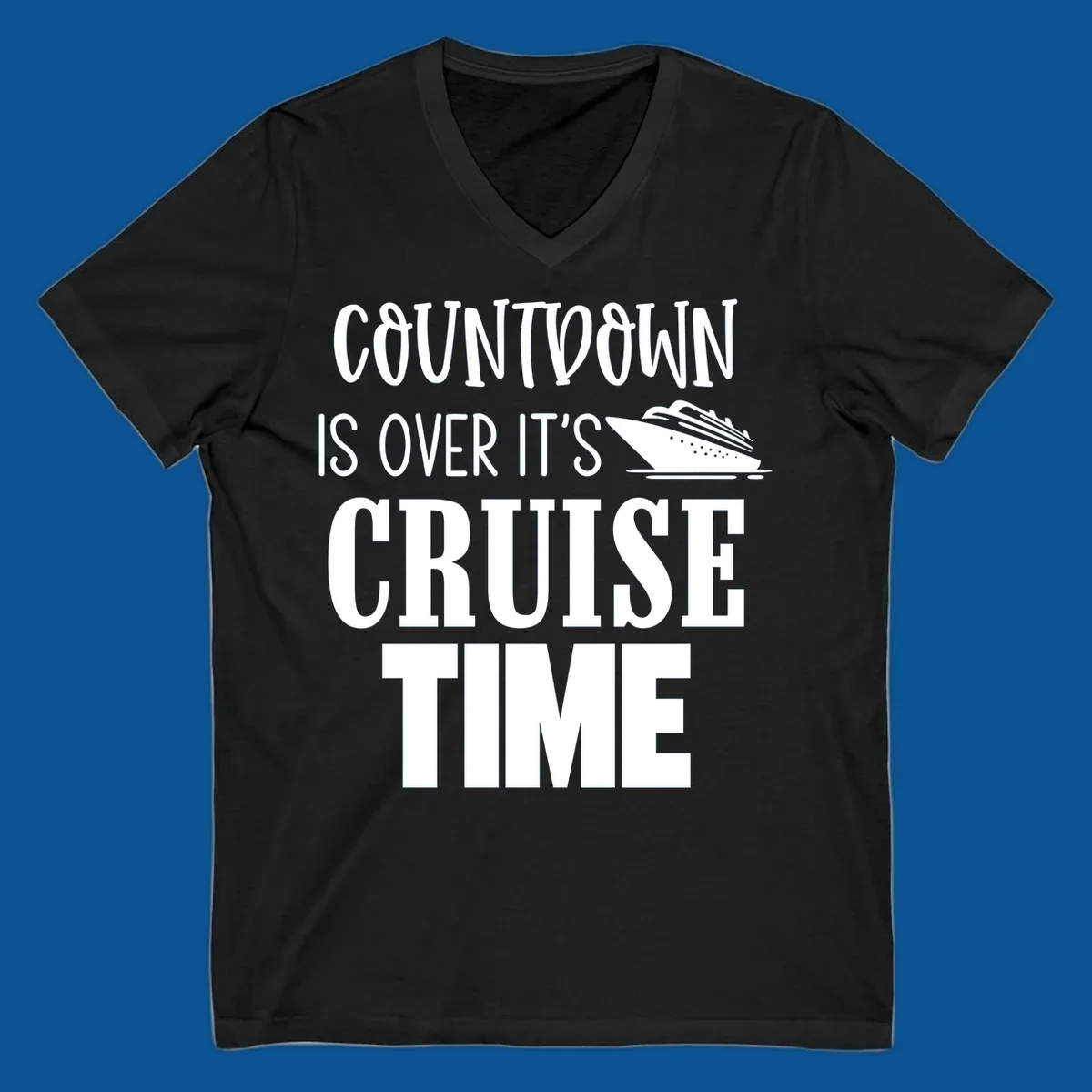Countdown is over it's cruise time text with cruise ship illustration.