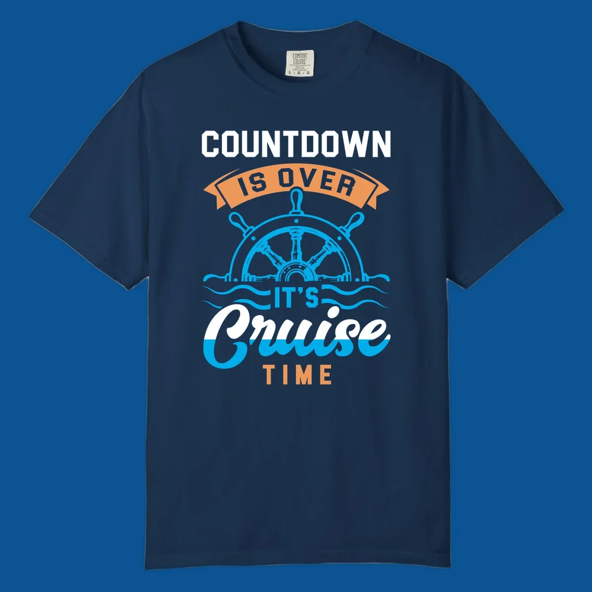 Cruise time countdown text with ship wheel and waves graphic