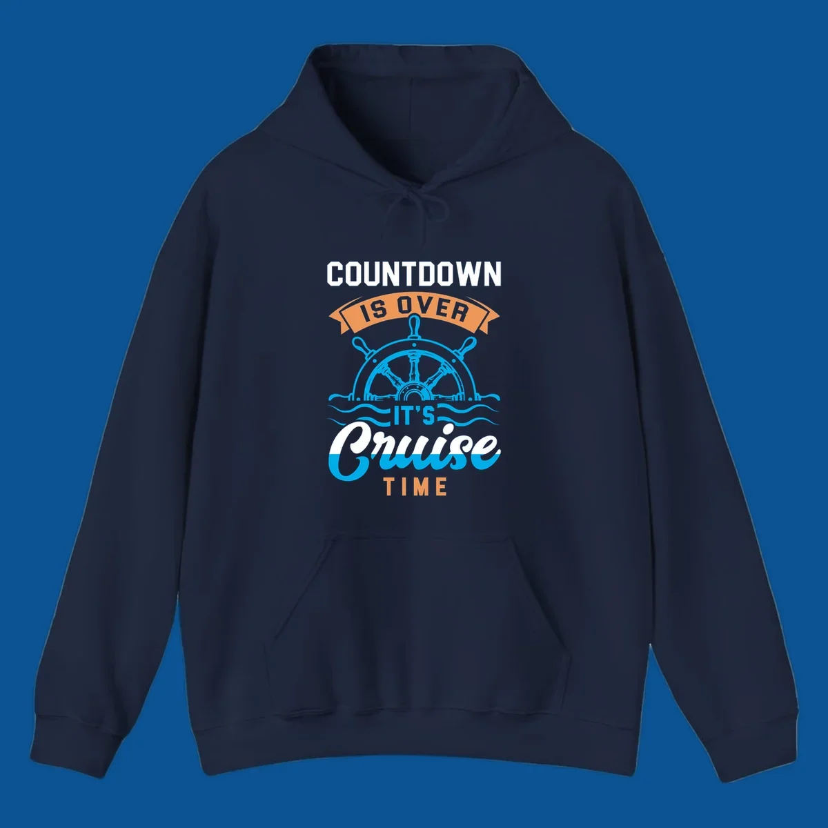 Cruise time countdown text with ship wheel and waves graphic