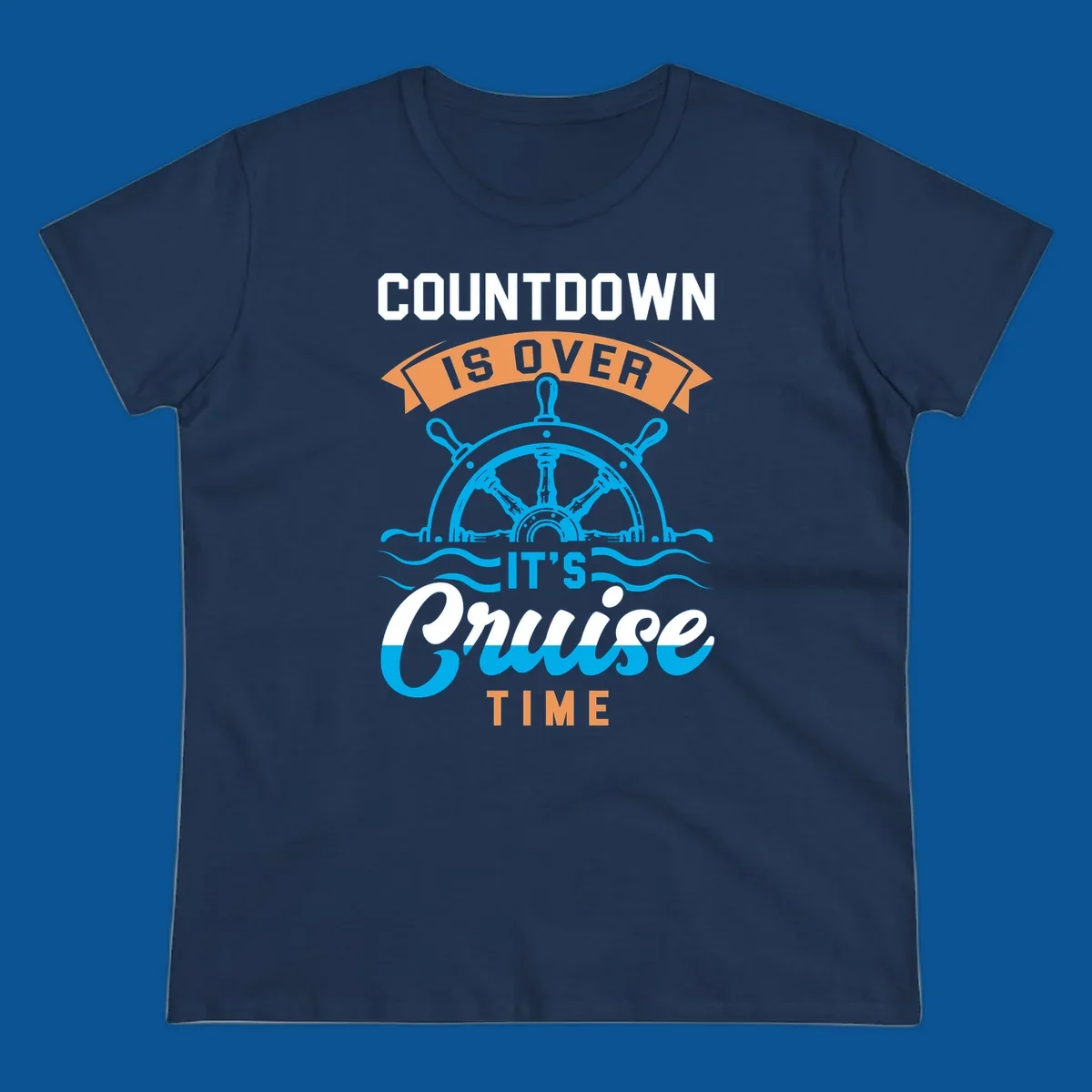 Cruise time countdown text with ship wheel and waves graphic