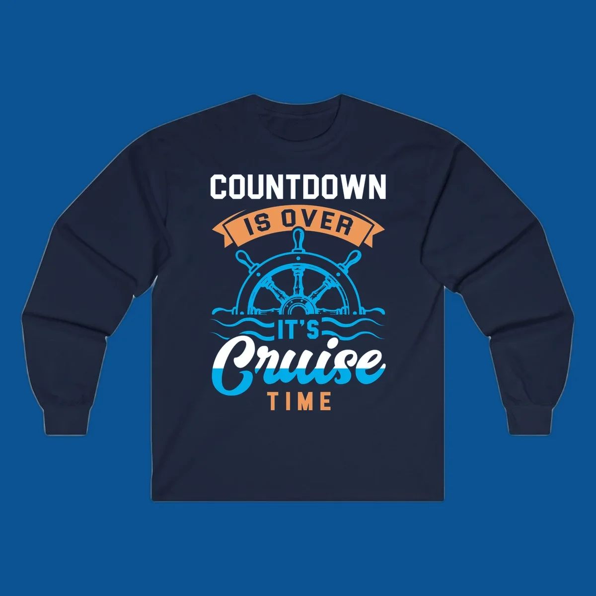 Cruise time countdown text with ship wheel and waves graphic