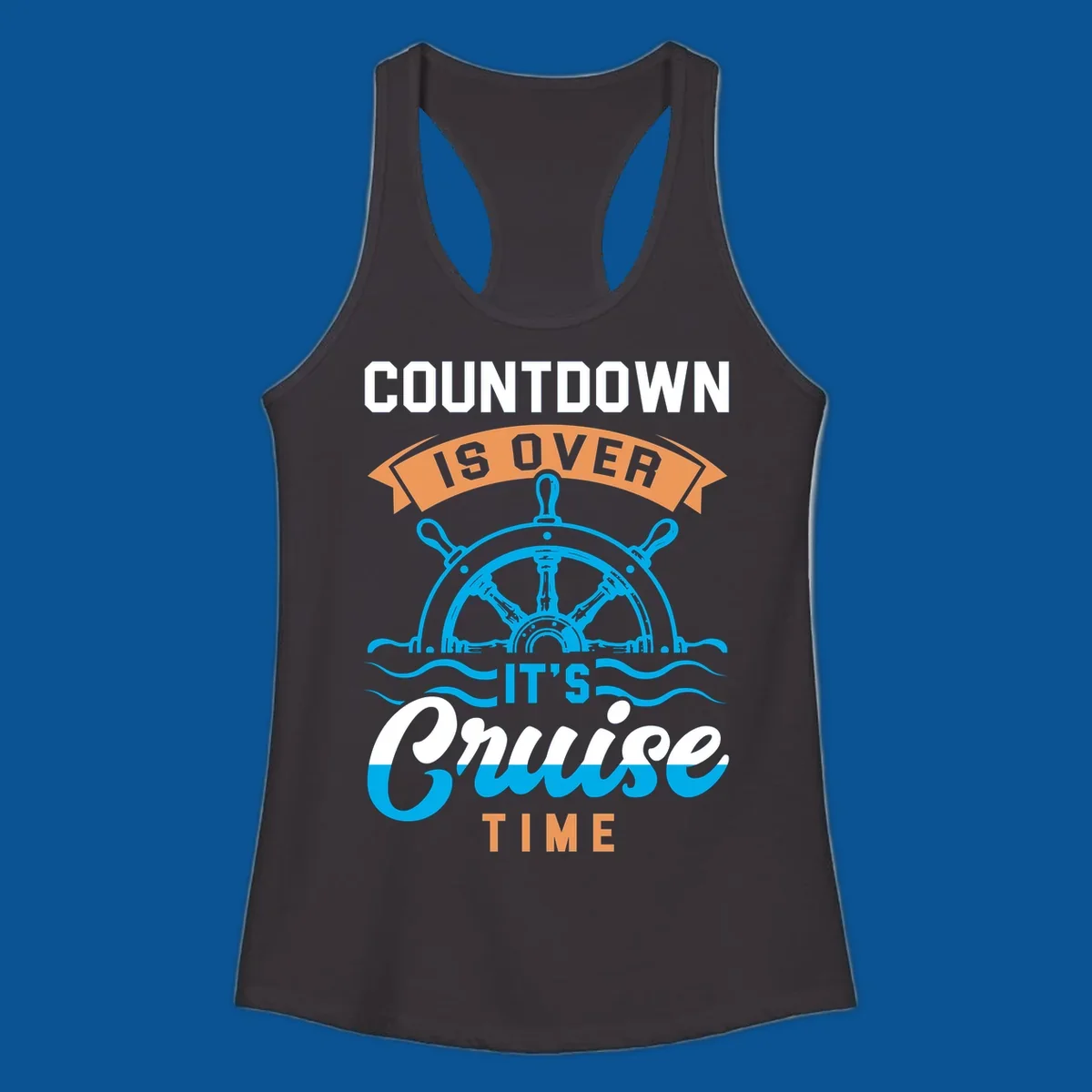 Cruise time countdown text with ship wheel and waves graphic