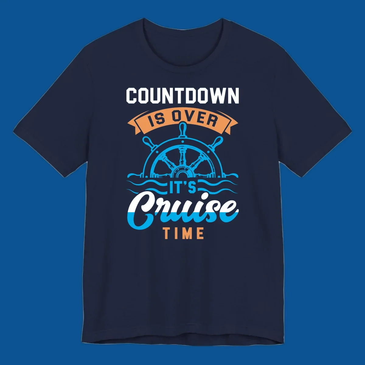 Cruise time countdown text with ship wheel and waves graphic