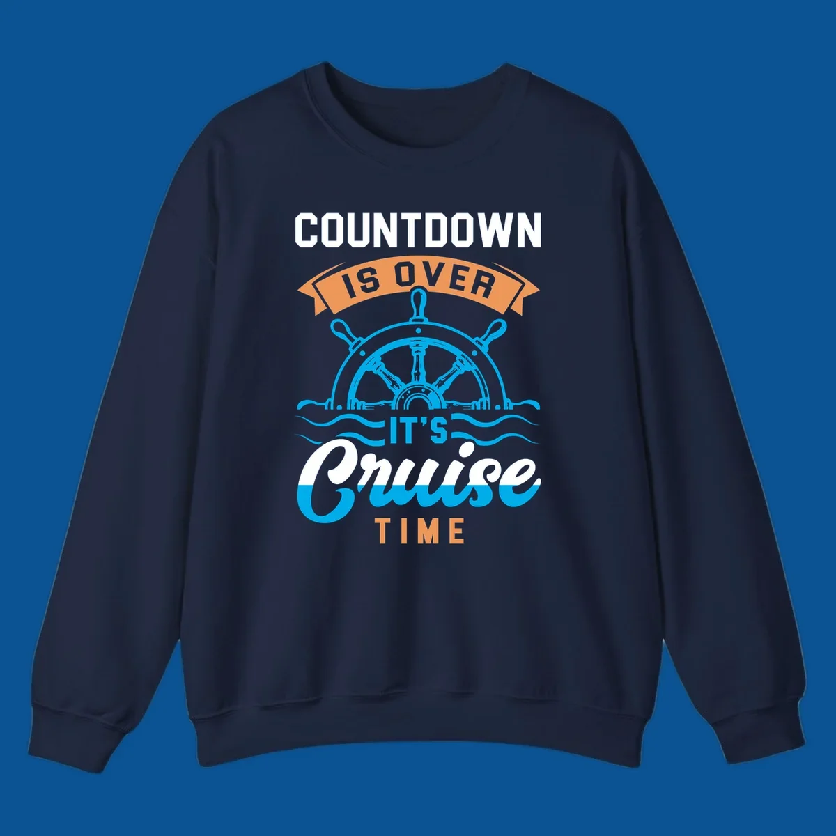 Cruise time countdown text with ship wheel and waves graphic