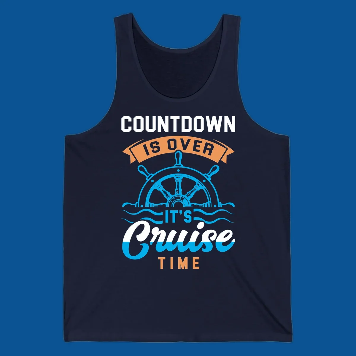 Cruise time countdown text with ship wheel and waves graphic