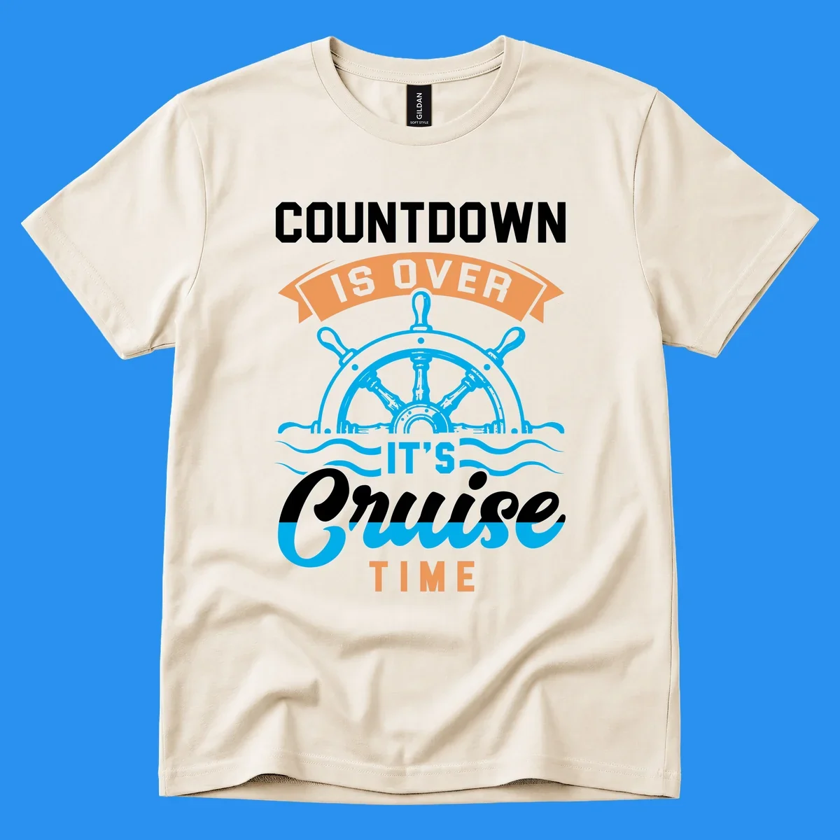 Cruise time countdown text with ship wheel and waves graphic