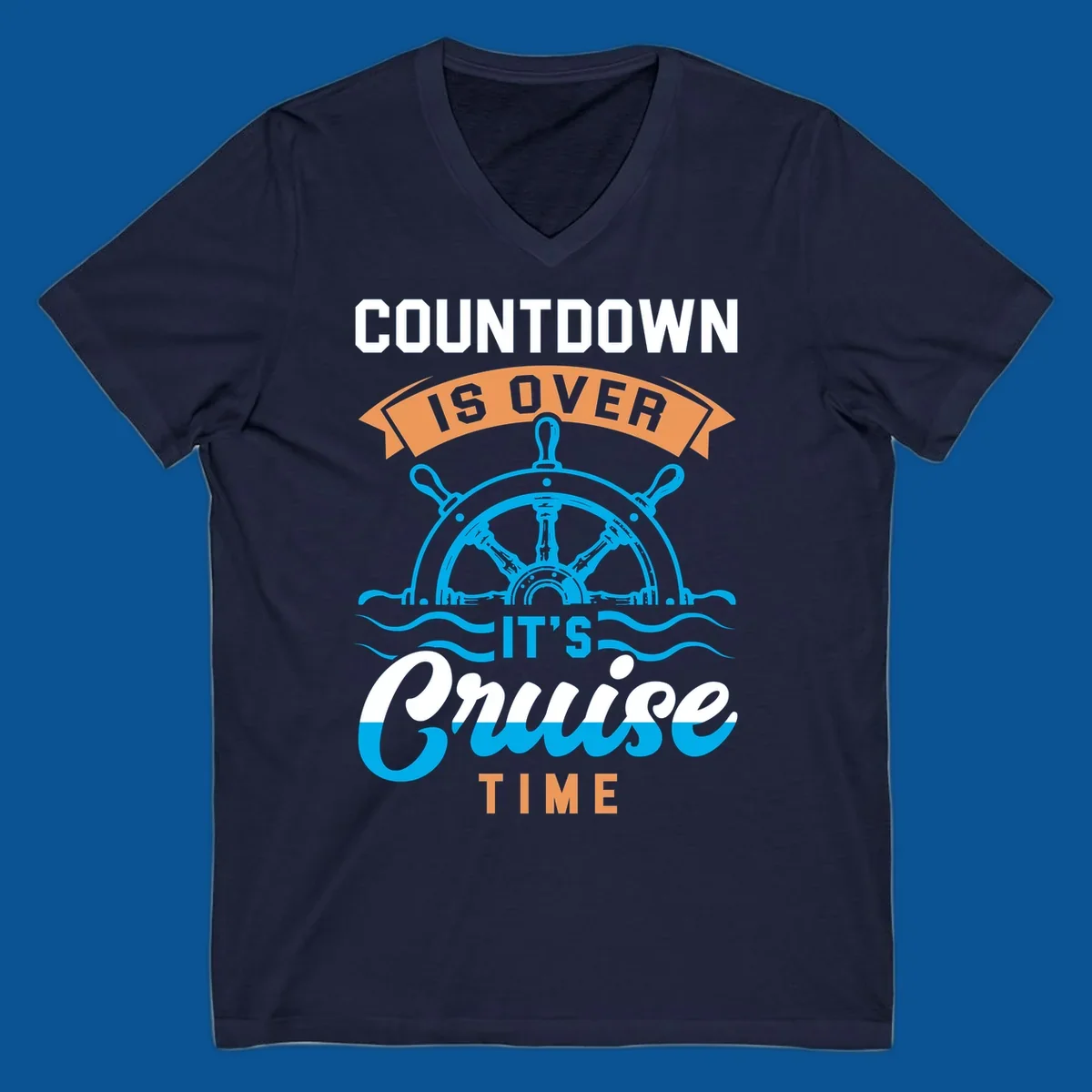 Cruise time countdown text with ship wheel and waves graphic