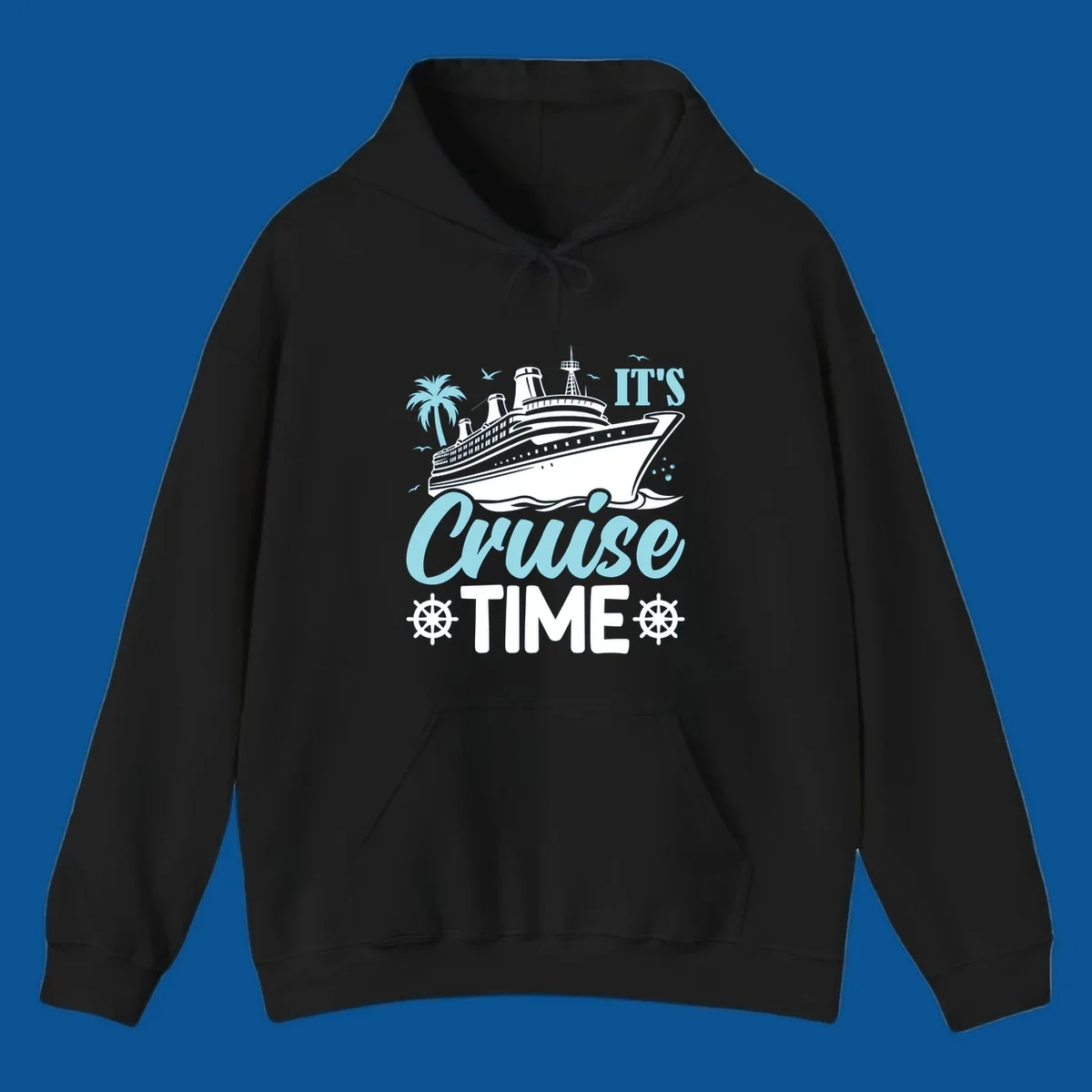 Cruise ship sailing with text 'IT'S Cruise TIME', ship's wheel graphic, palm tree.