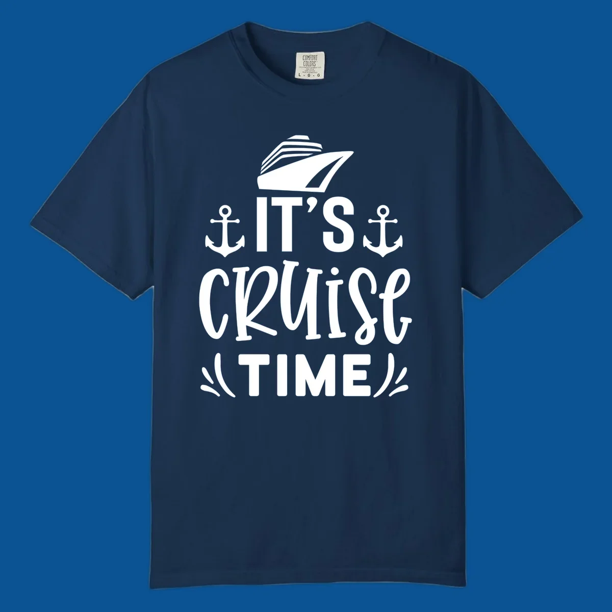 Cruise ship and anchors with text 'It's Cruise Time', cruise-time-typography.