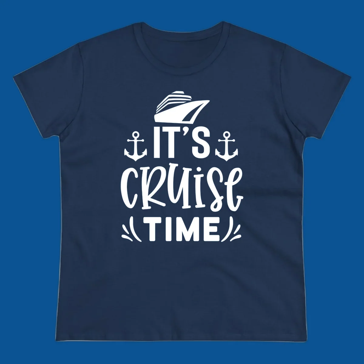 Cruise ship and anchors with text 'It's Cruise Time', cruise-time-typography.