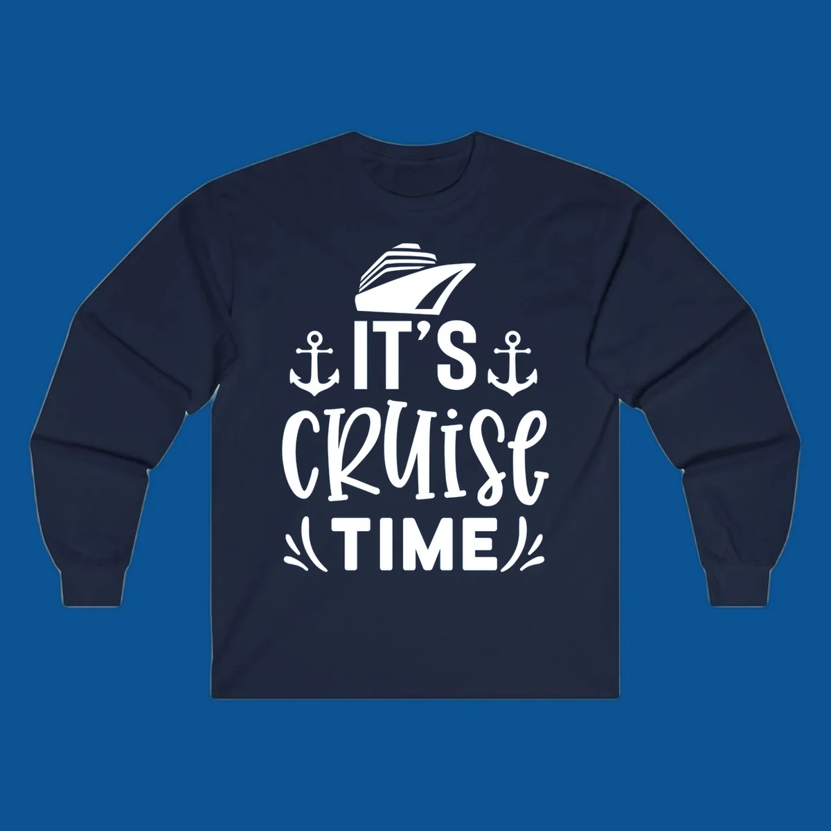 Cruise ship and anchors with text 'It's Cruise Time', cruise-time-typography.