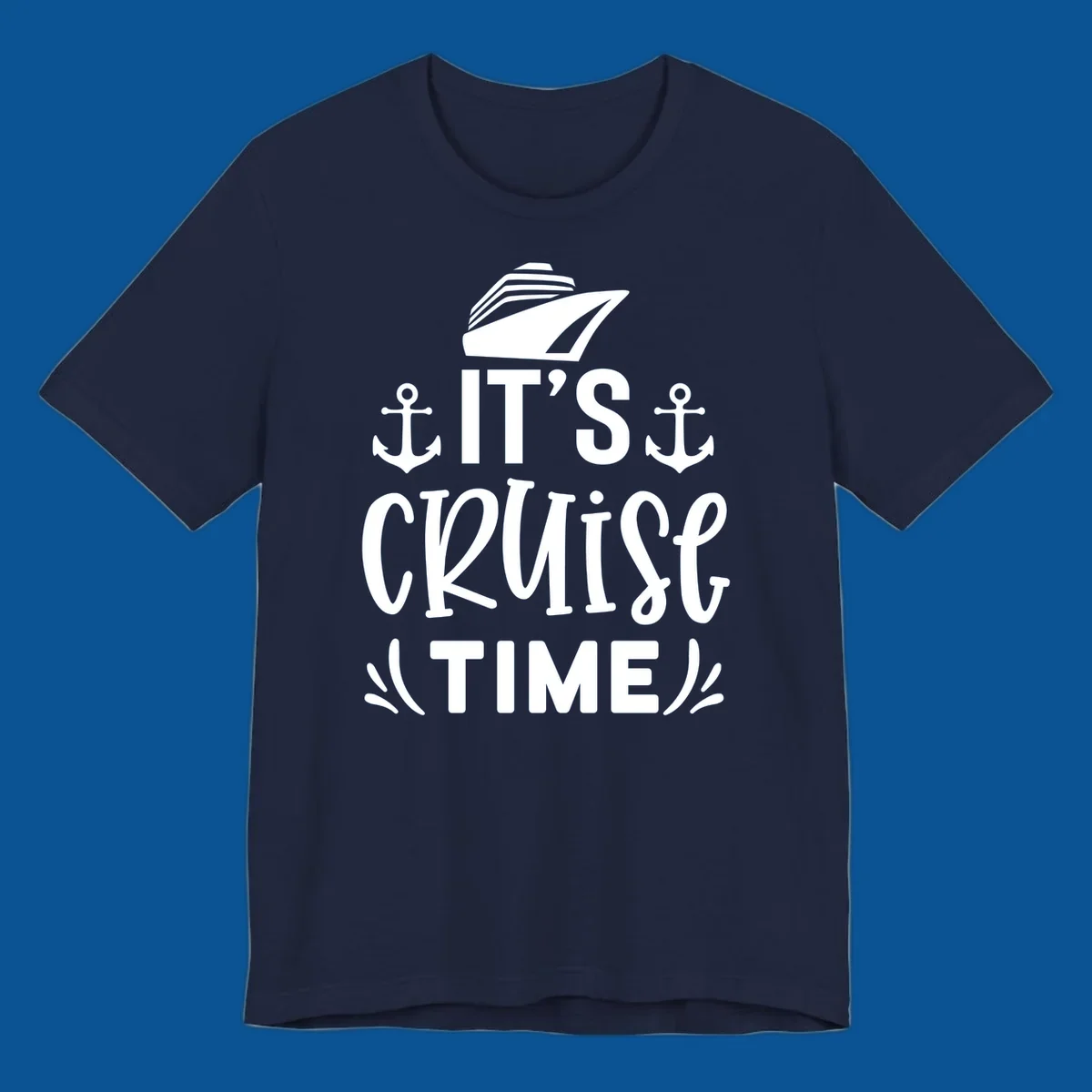 Cruise ship and anchors with text 'It's Cruise Time', cruise-time-typography.