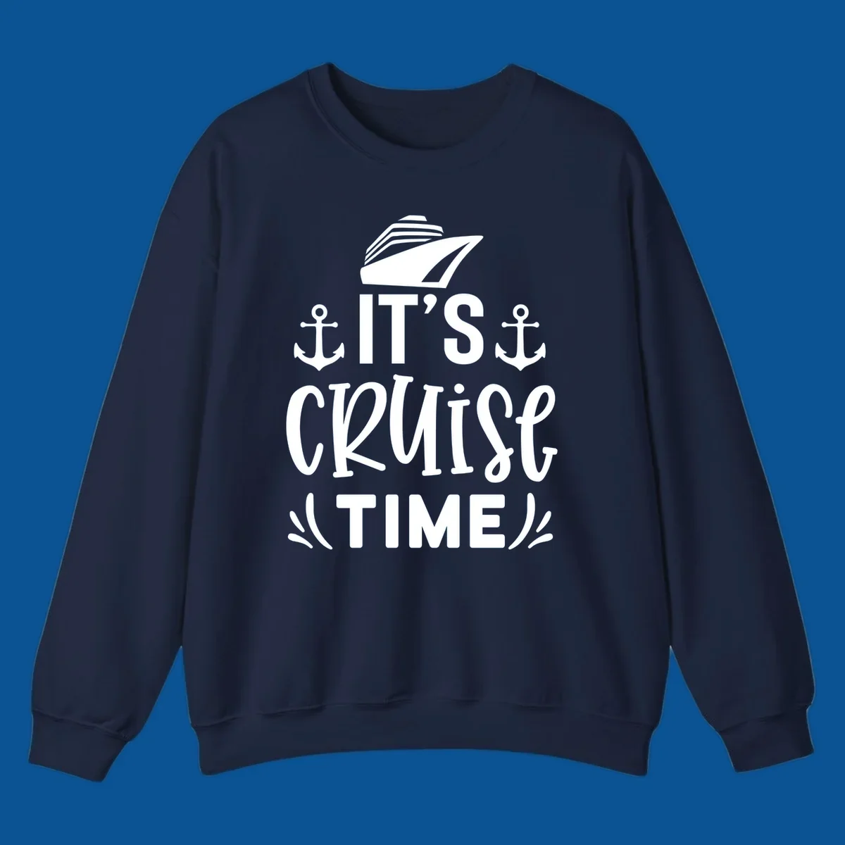 Cruise ship and anchors with text 'It's Cruise Time', cruise-time-typography.