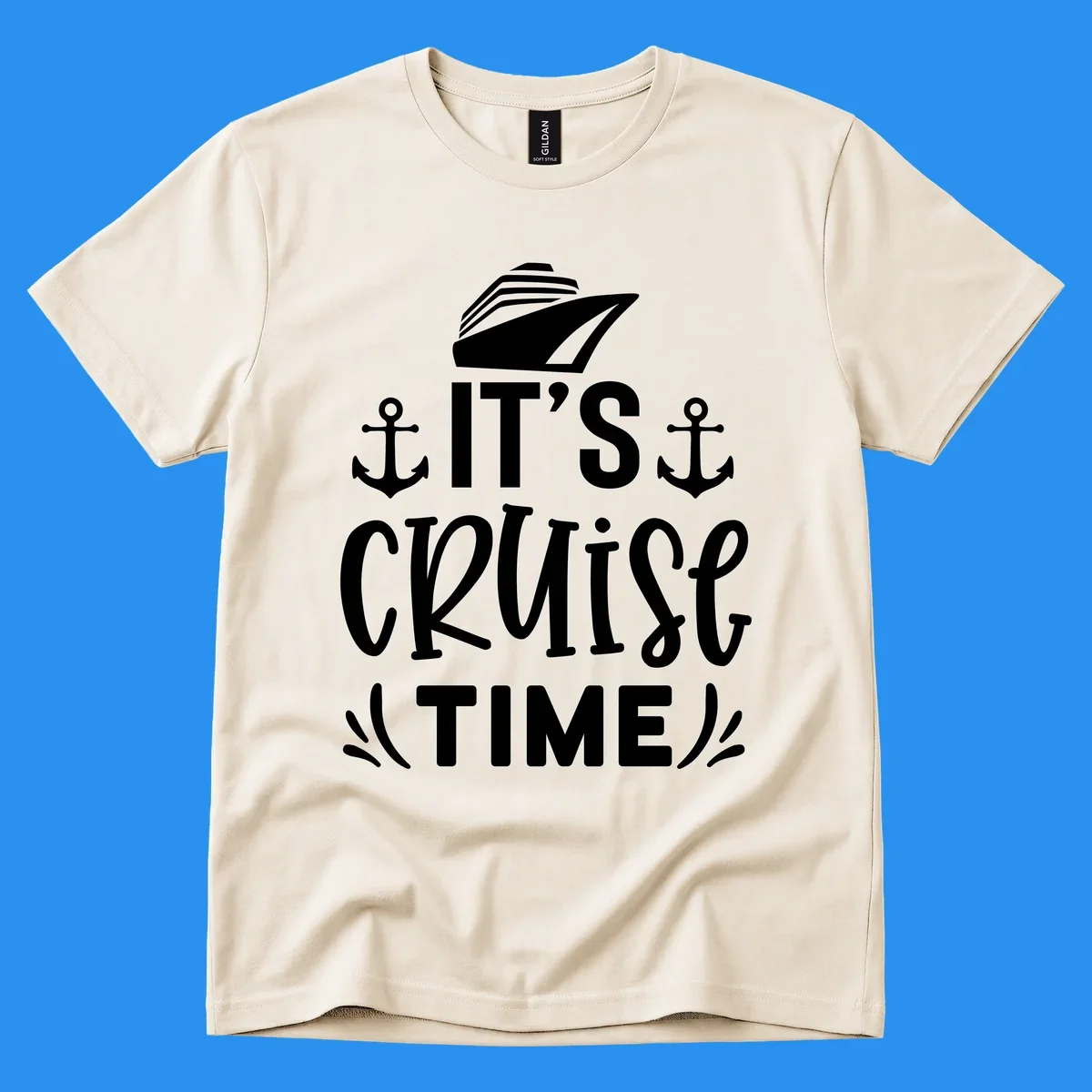 Cruise ship and anchors with text 'It's Cruise Time', cruise-time-typography.