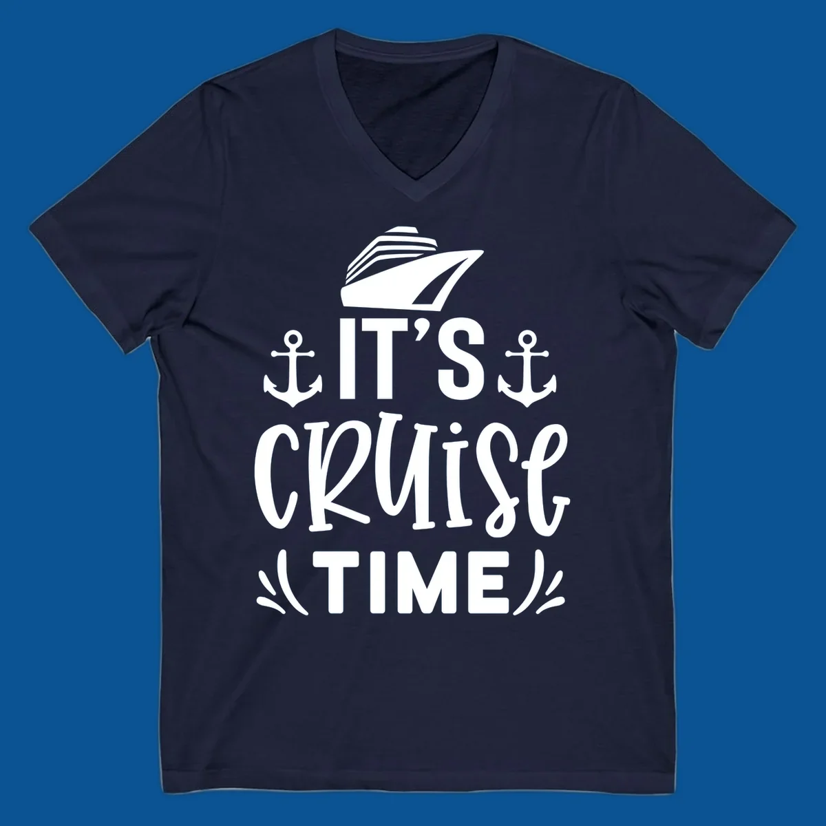 Cruise ship and anchors with text 'It's Cruise Time', cruise-time-typography.