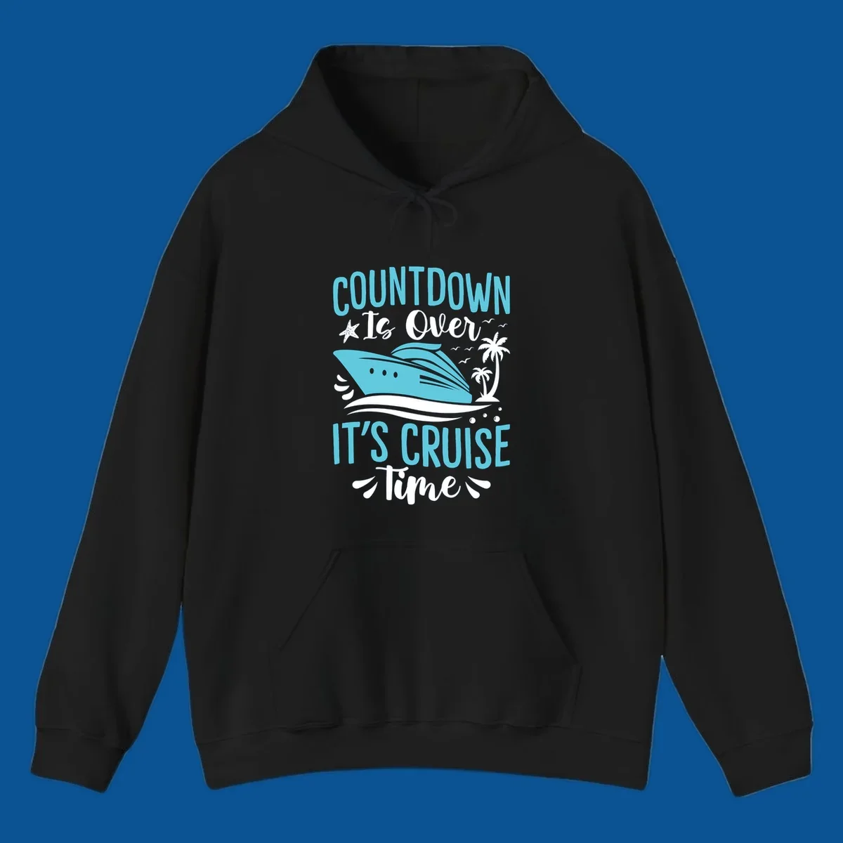 Cruise time countdown text with cruise ship, palm trees, and starfish graphic.