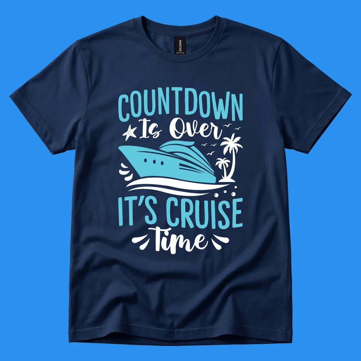 Cruise time countdown text with cruise ship, palm trees, and starfish graphic.