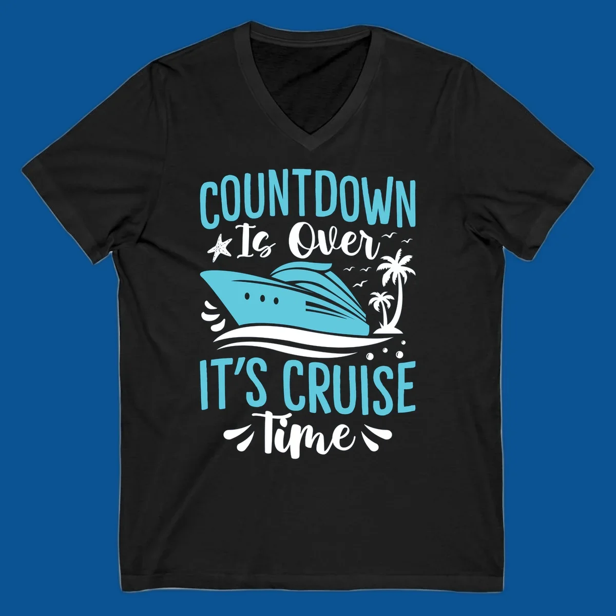 Cruise time countdown text with cruise ship, palm trees, and starfish graphic.