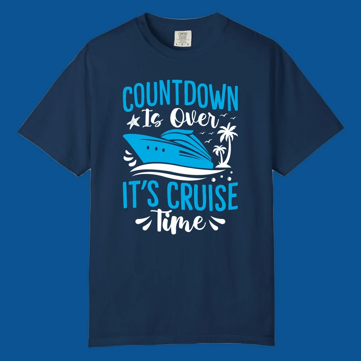 Cruise time countdown text with ship, palm trees, and starfish illustration.