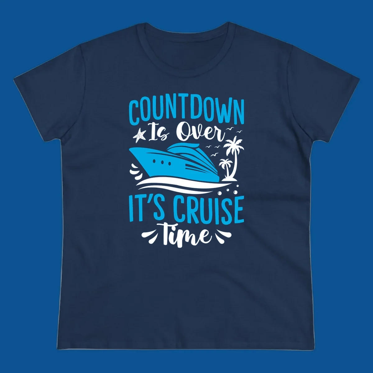 Cruise time countdown text with ship, palm trees, and starfish illustration.