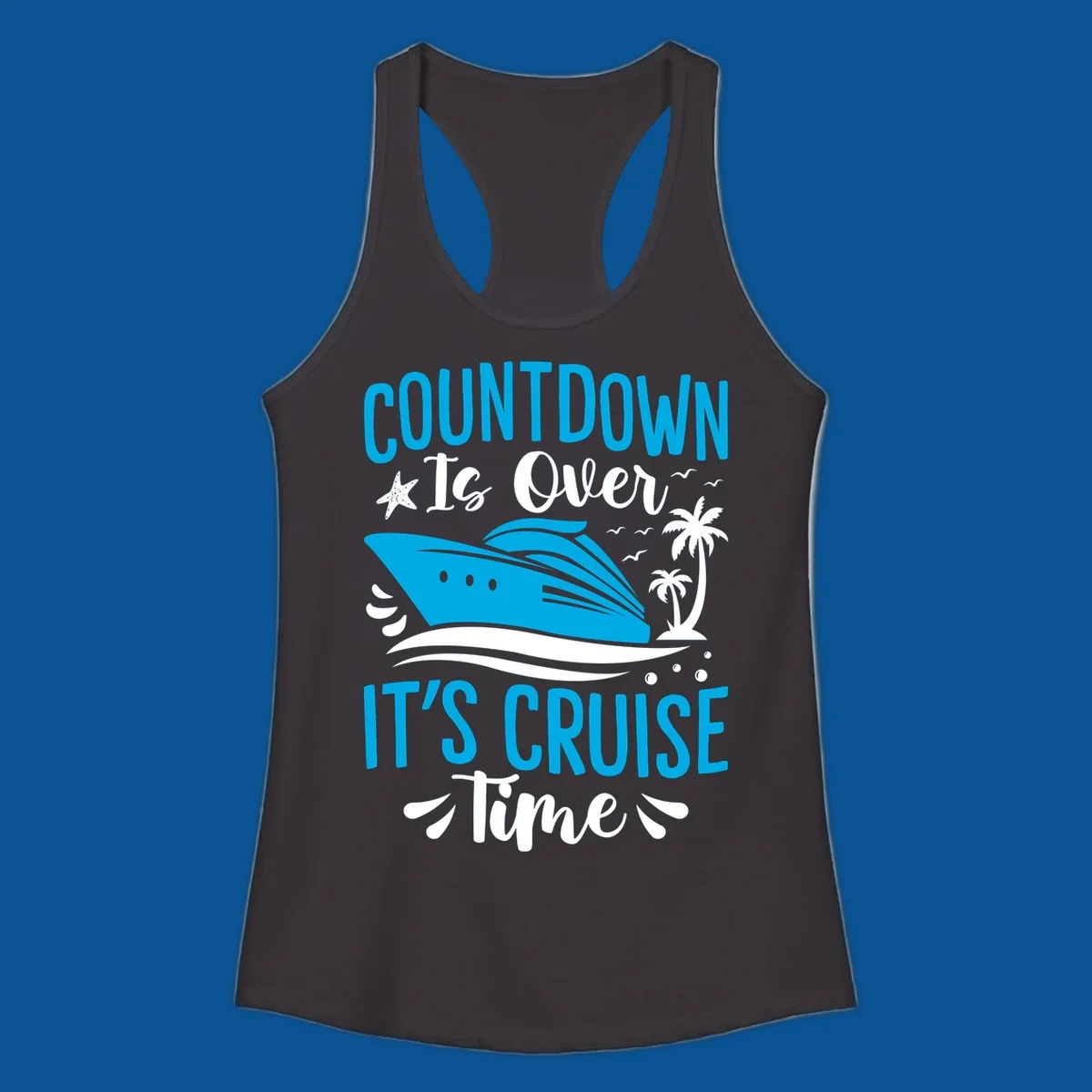 Cruise time countdown text with ship, palm trees, and starfish illustration.