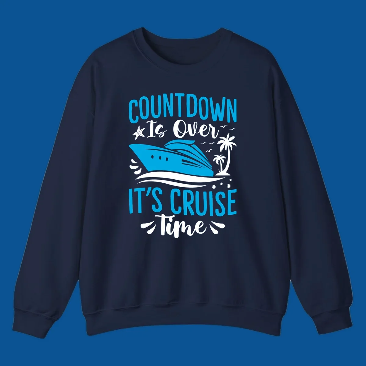 Cruise time countdown text with ship, palm trees, and starfish illustration.