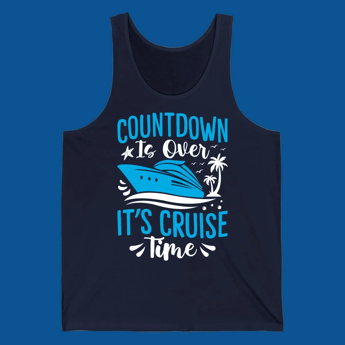 Cruise time countdown text with ship, palm trees, and starfish illustration.