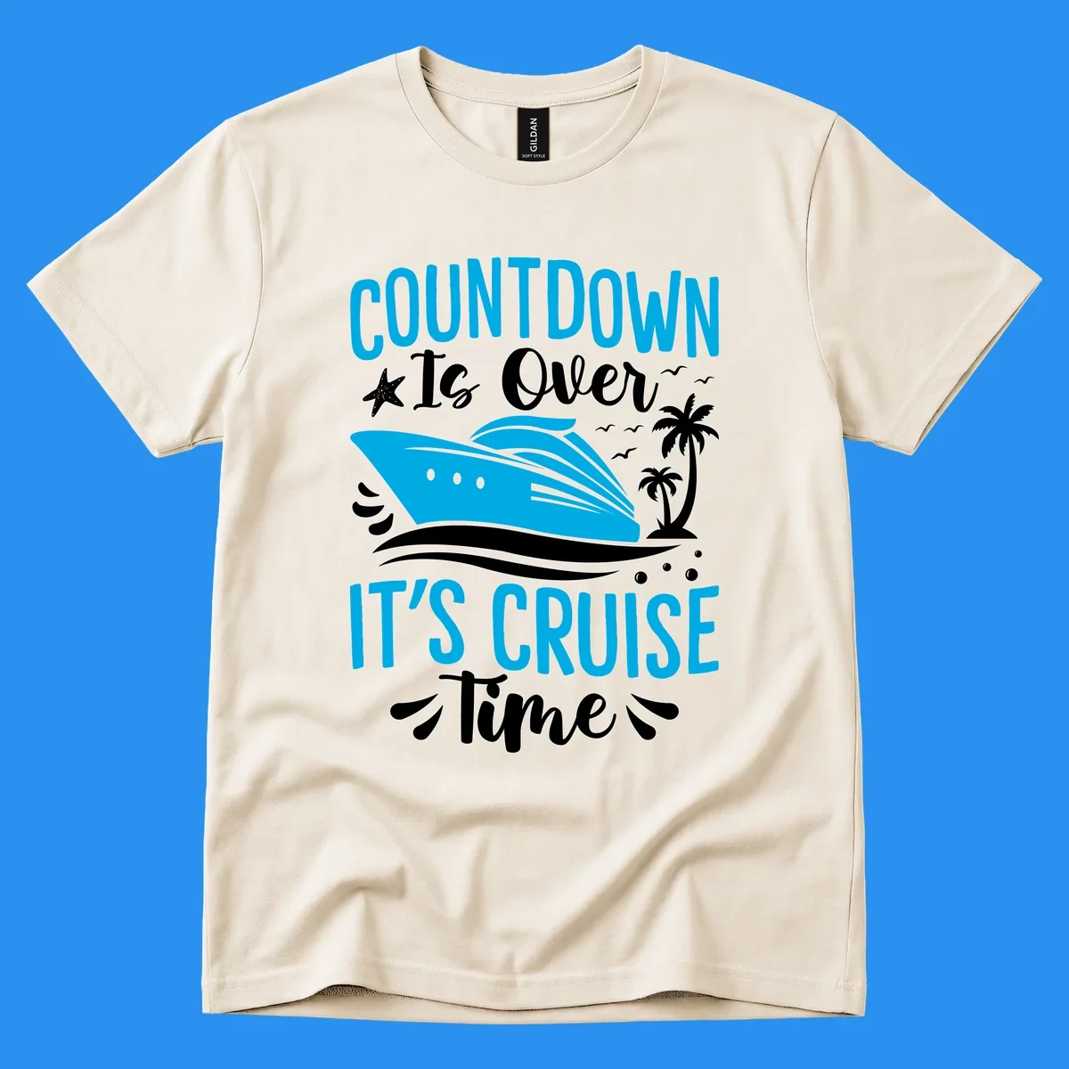 Cruise time countdown text with ship, palm trees, and starfish illustration.