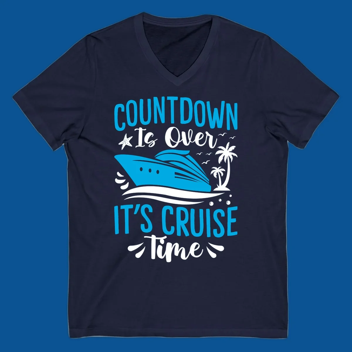 Cruise time countdown text with ship, palm trees, and starfish illustration.