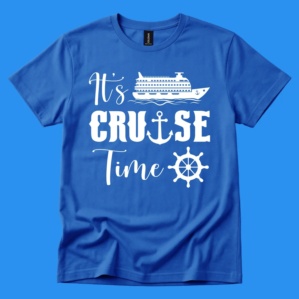 It's Cruise Time design with cruise ship, anchor, and ship wheel.