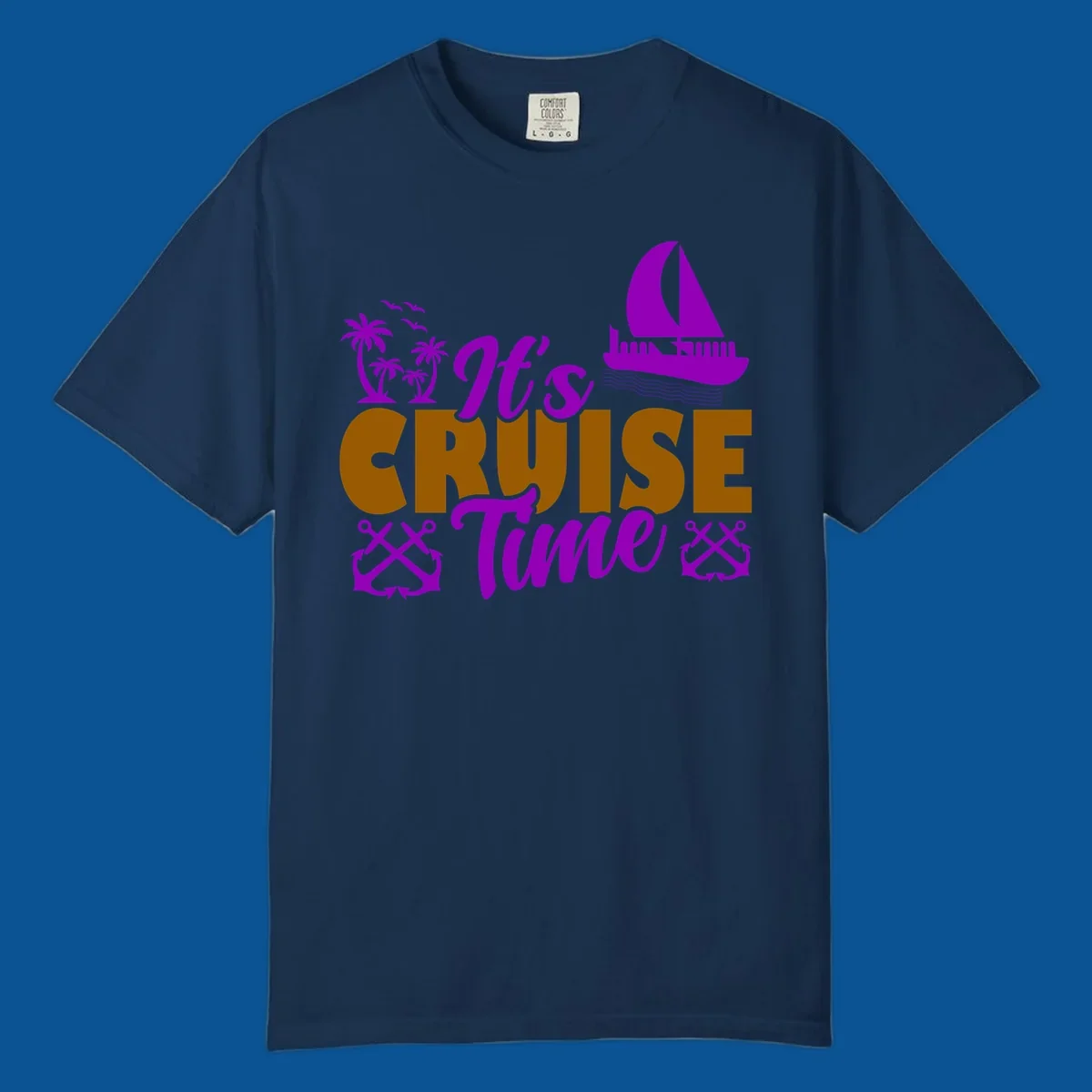 It's Cruise Time tropical nautical graphic with text, palm trees, sailboat and anchors.