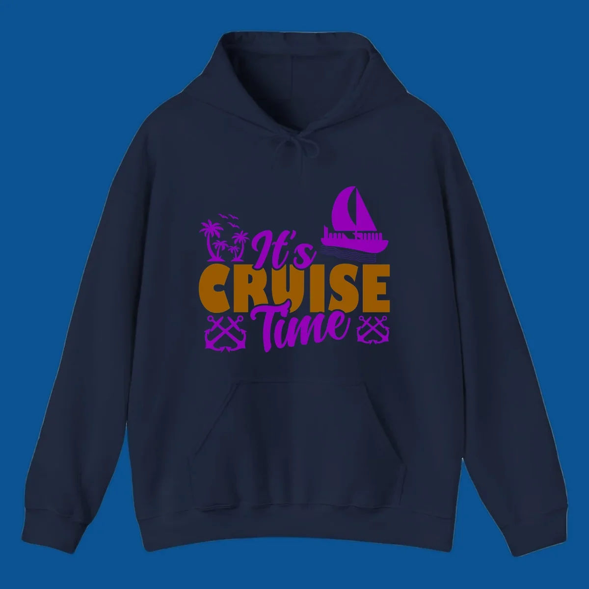 It's Cruise Time tropical nautical graphic with text, palm trees, sailboat and anchors.