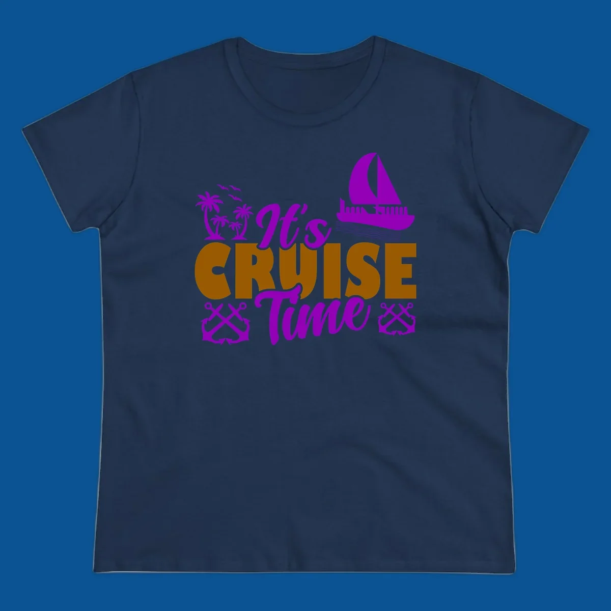 It's Cruise Time tropical nautical graphic with text, palm trees, sailboat and anchors.