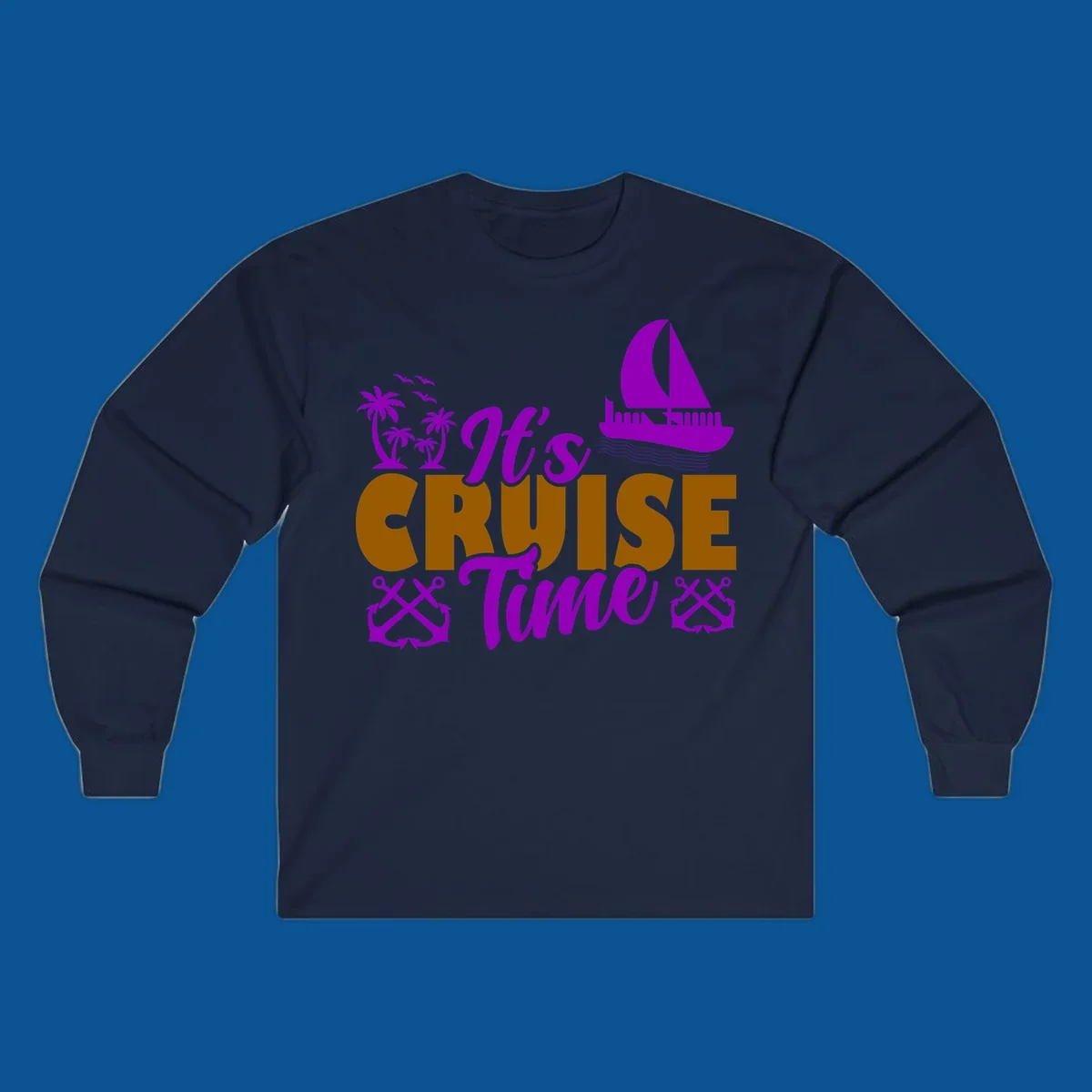 It's Cruise Time tropical nautical graphic with text, palm trees, sailboat and anchors.