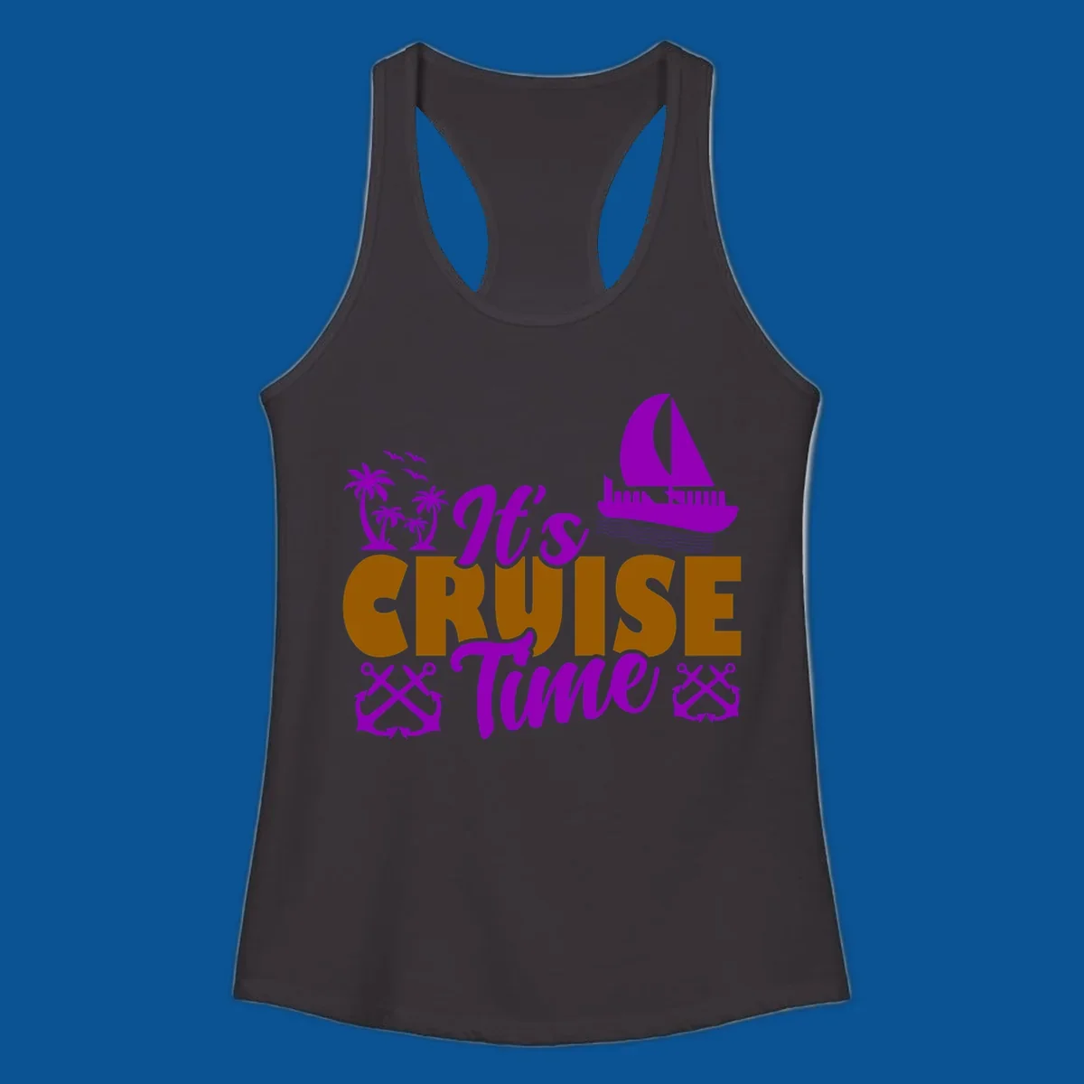 It's Cruise Time tropical nautical graphic with text, palm trees, sailboat and anchors.