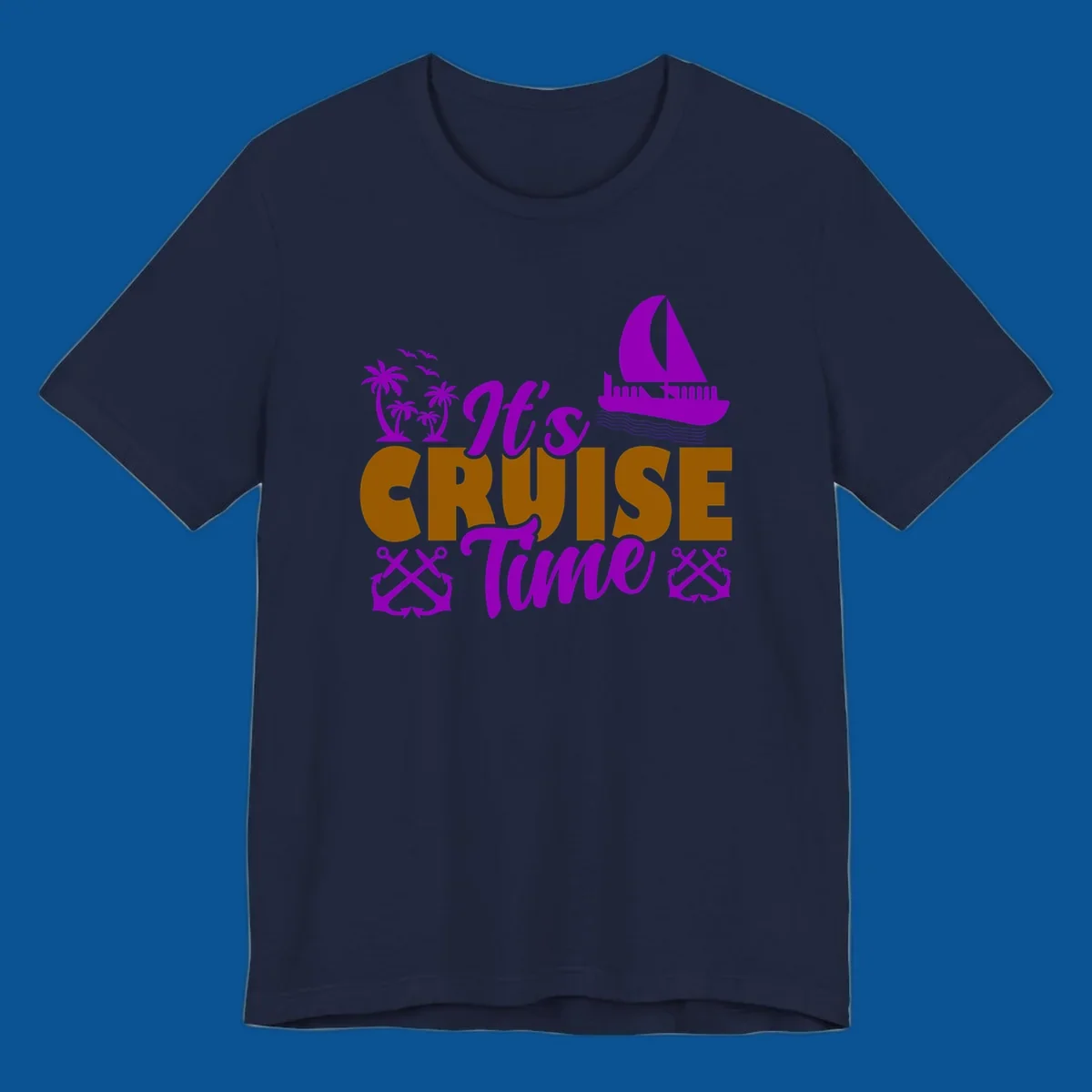 It's Cruise Time tropical nautical graphic with text, palm trees, sailboat and anchors.