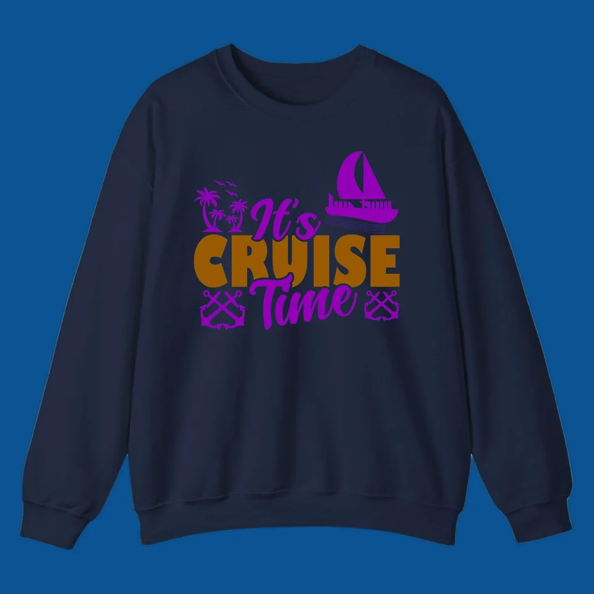 It's Cruise Time tropical nautical graphic with text, palm trees, sailboat and anchors.