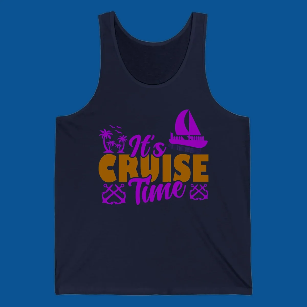 It's Cruise Time tropical nautical graphic with text, palm trees, sailboat and anchors.