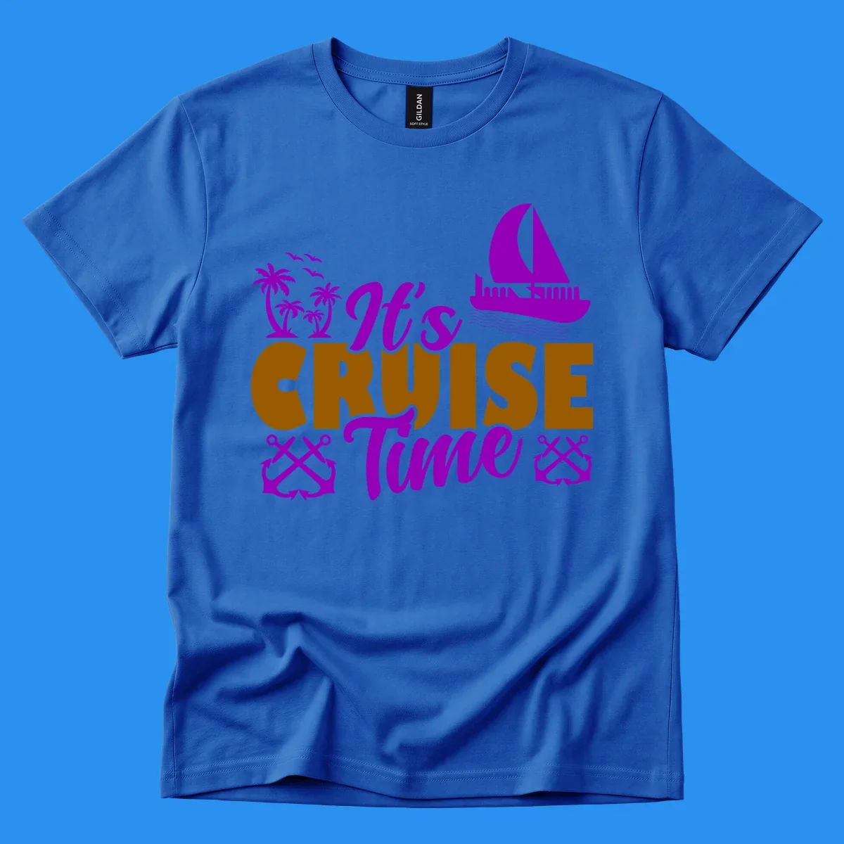 It's Cruise Time tropical nautical graphic with text, palm trees, sailboat and anchors.