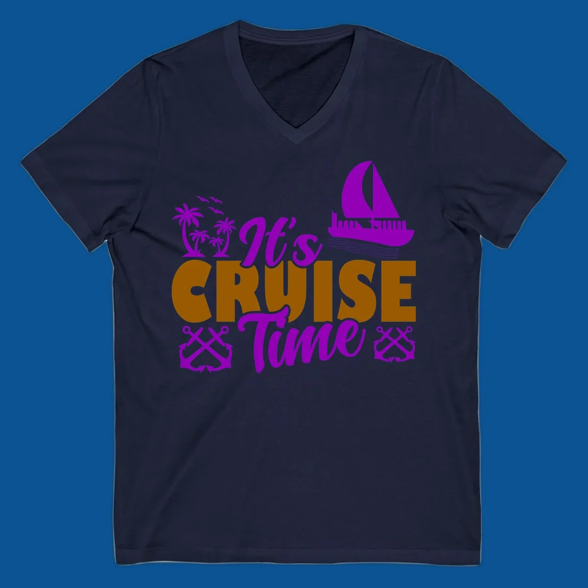 It's Cruise Time tropical nautical graphic with text, palm trees, sailboat and anchors.