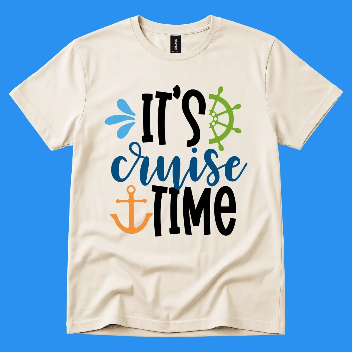 It's Cruise Time nautical design with anchor and ship's wheel.