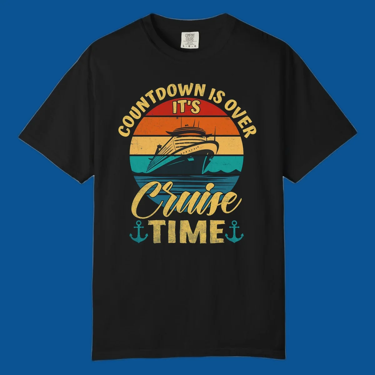 Retro cruise ship sailing at sunset with text 'Countdown Is Over, It's Cruise Time'