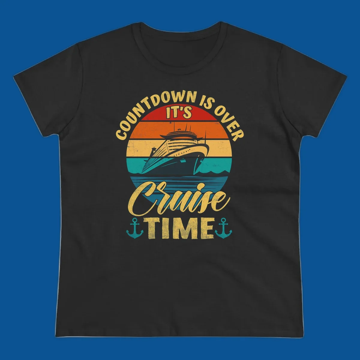 Retro cruise ship sailing at sunset with text 'Countdown Is Over, It's Cruise Time'