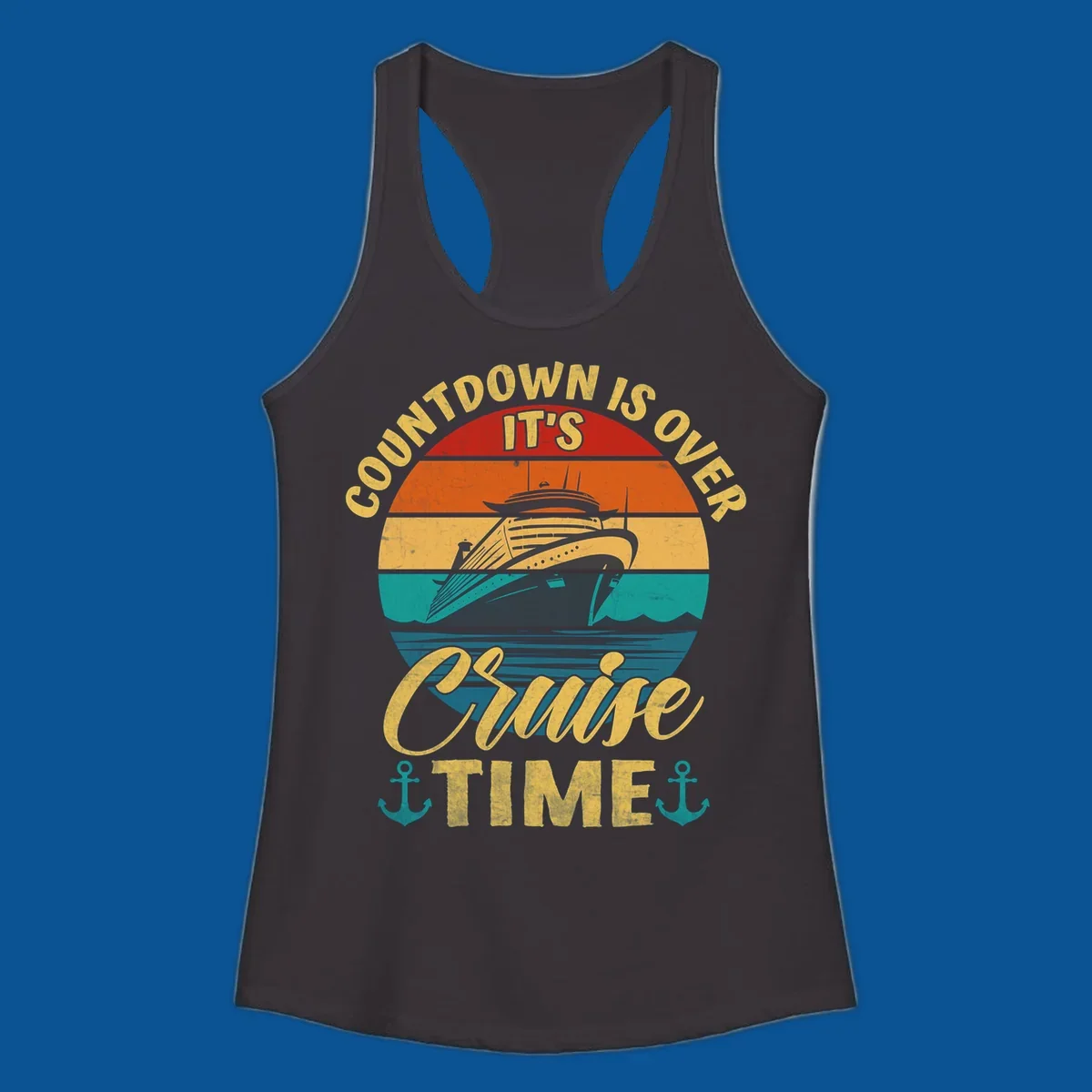 Retro cruise ship sailing at sunset with text 'Countdown Is Over, It's Cruise Time'