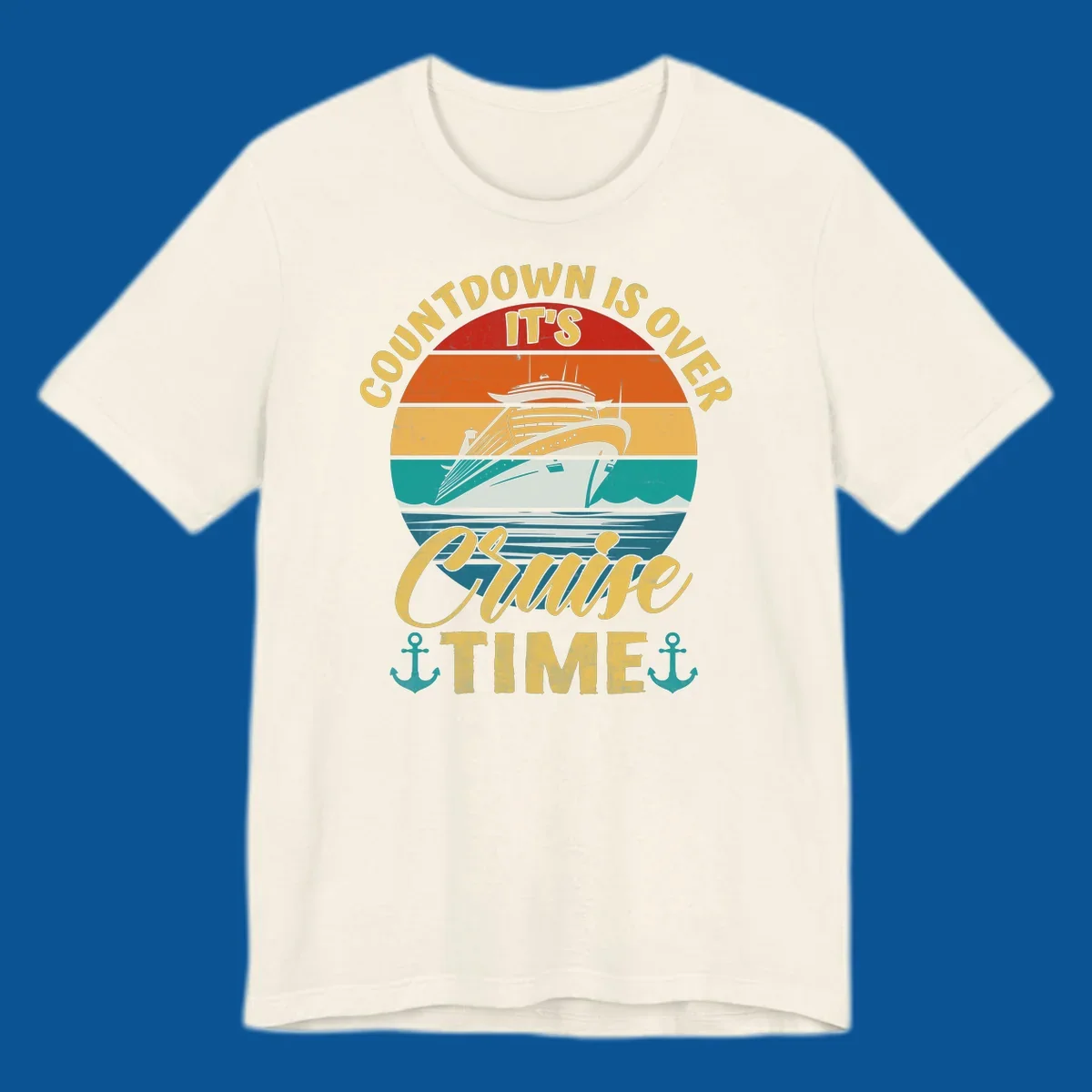 Retro cruise ship sailing at sunset with text 'Countdown Is Over, It's Cruise Time'
