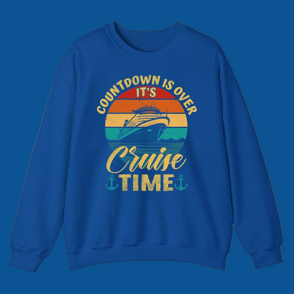 Retro cruise ship sailing at sunset with text 'Countdown Is Over, It's Cruise Time'