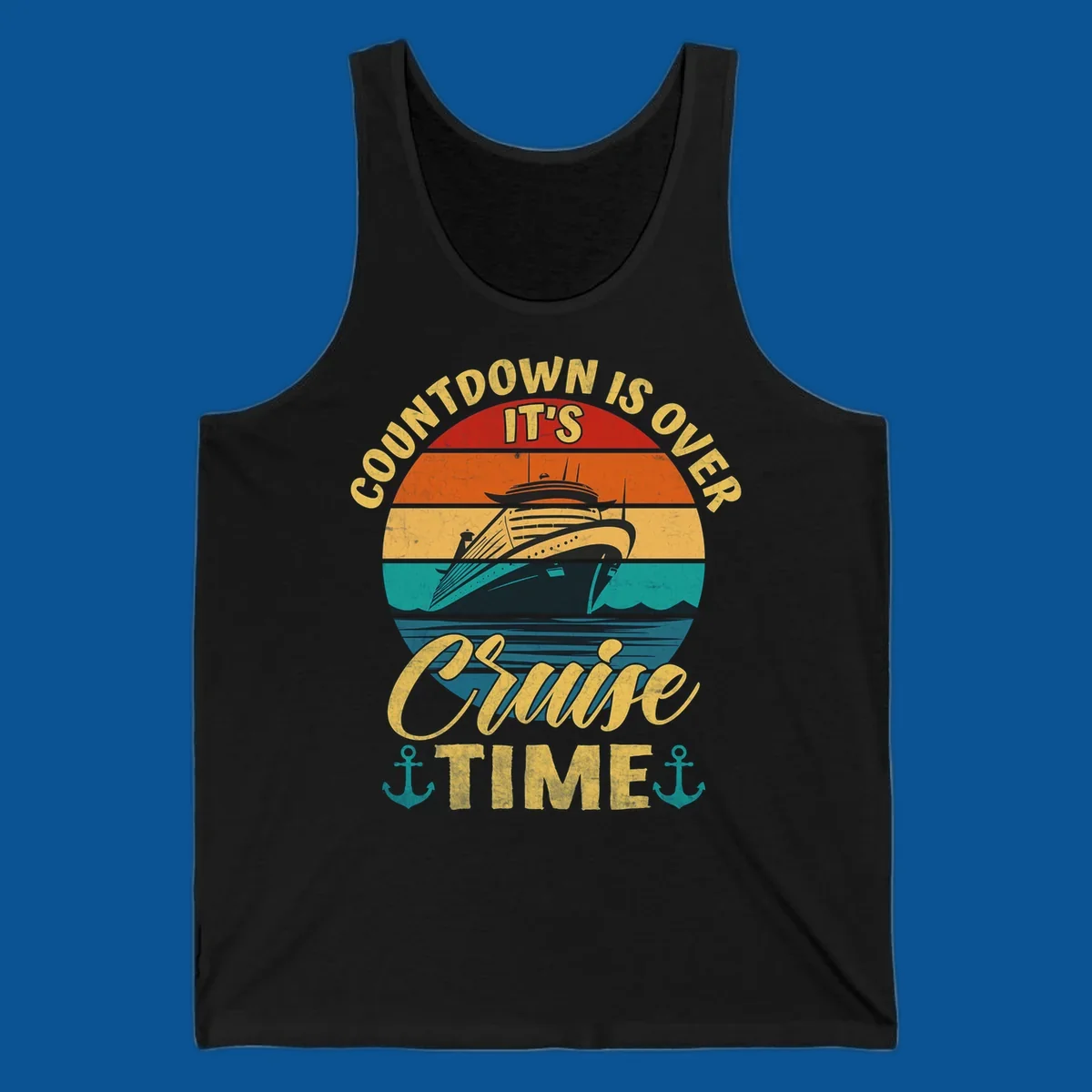 Retro cruise ship sailing at sunset with text 'Countdown Is Over, It's Cruise Time'