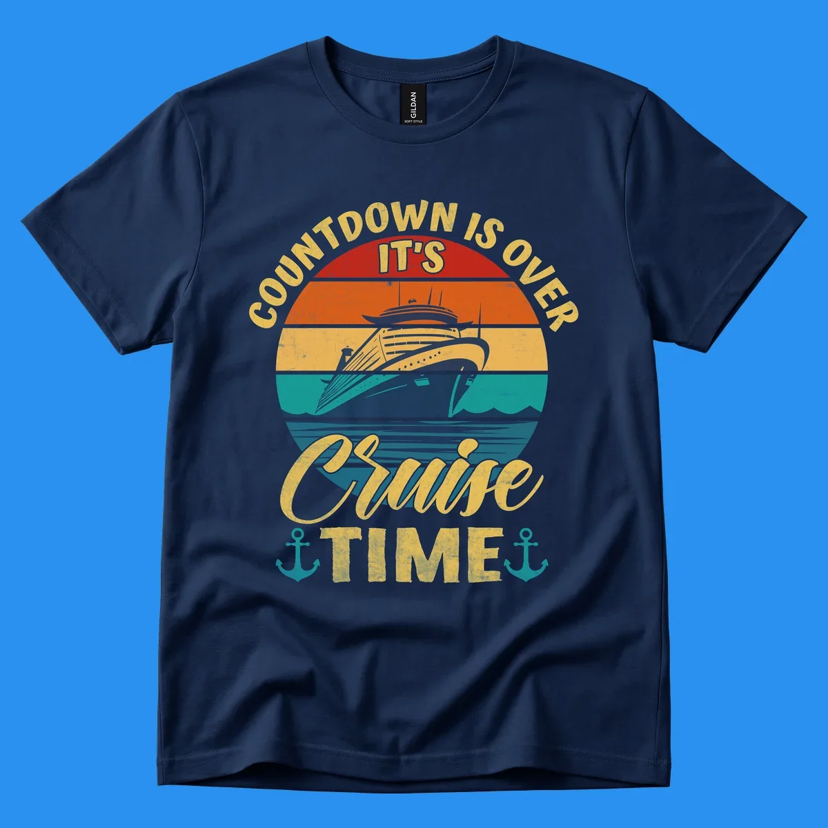 Retro cruise ship sailing at sunset with text 'Countdown Is Over, It's Cruise Time'