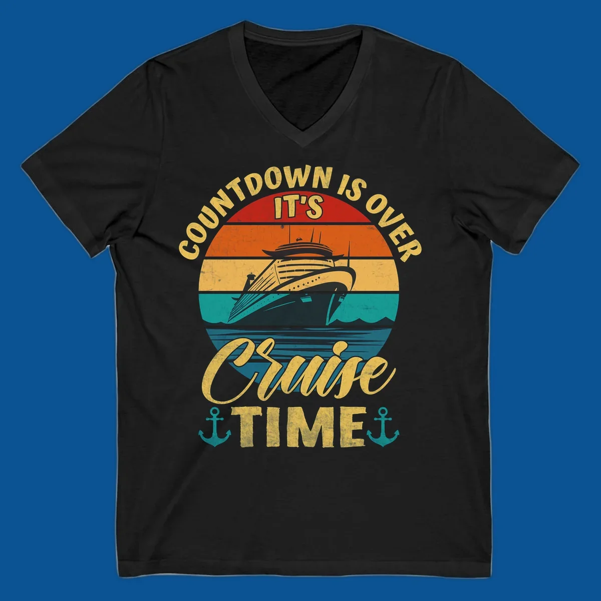 Retro cruise ship sailing at sunset with text 'Countdown Is Over, It's Cruise Time'