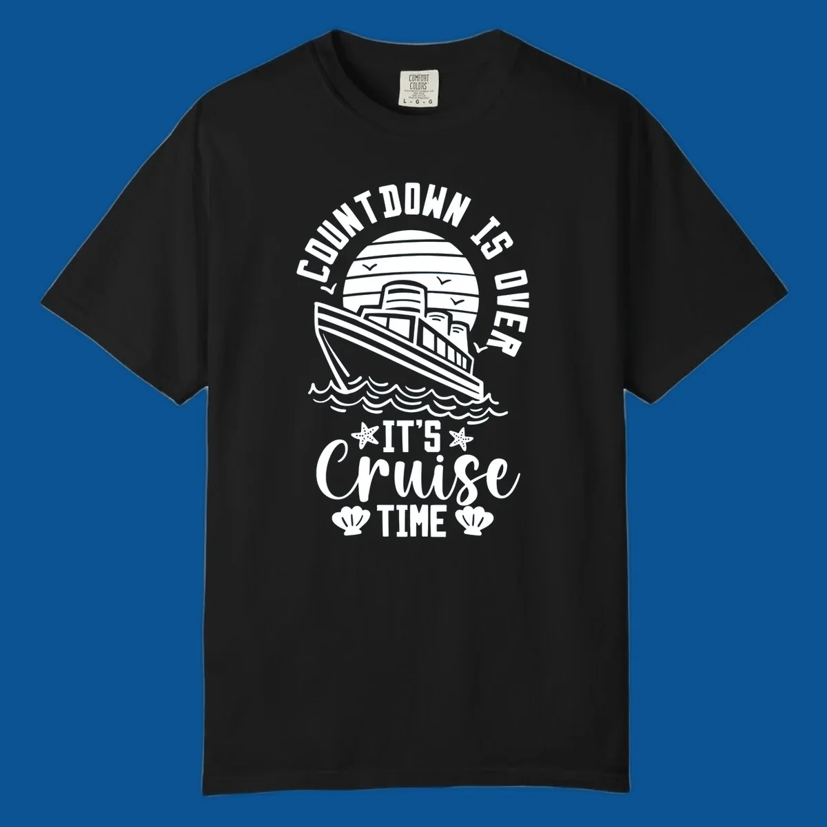 Cruise time countdown design with ship, sun, waves, and text 'Its Cruise Time'